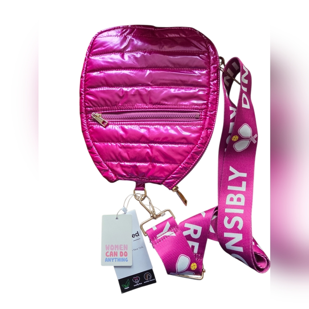 Ah•Dorned - NEW Metallic Pink Quilted Pickleball Paddle Bag 'Dink Responsibly'